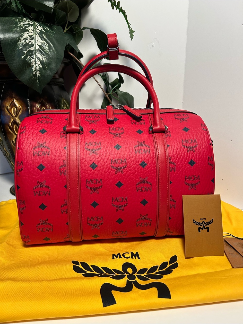 MCM Red Visetos Logo Boston Bag-NWT WITH COA!